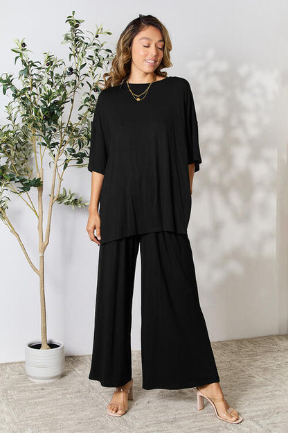 Round Neck Slit Top and Pants Set